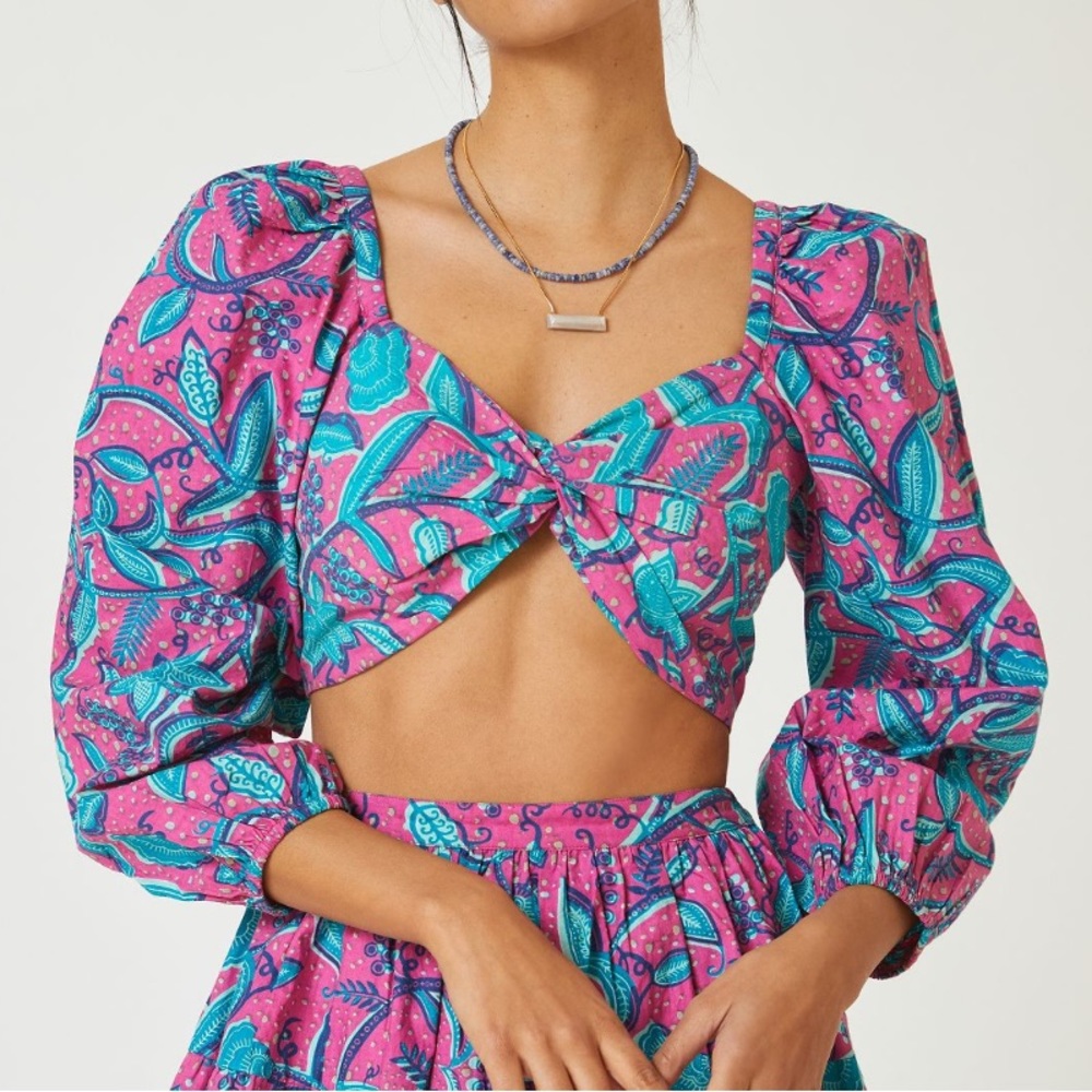 Anthropologie Love the Label Pink & Blue Printed Puff Sleeve Bra Top
